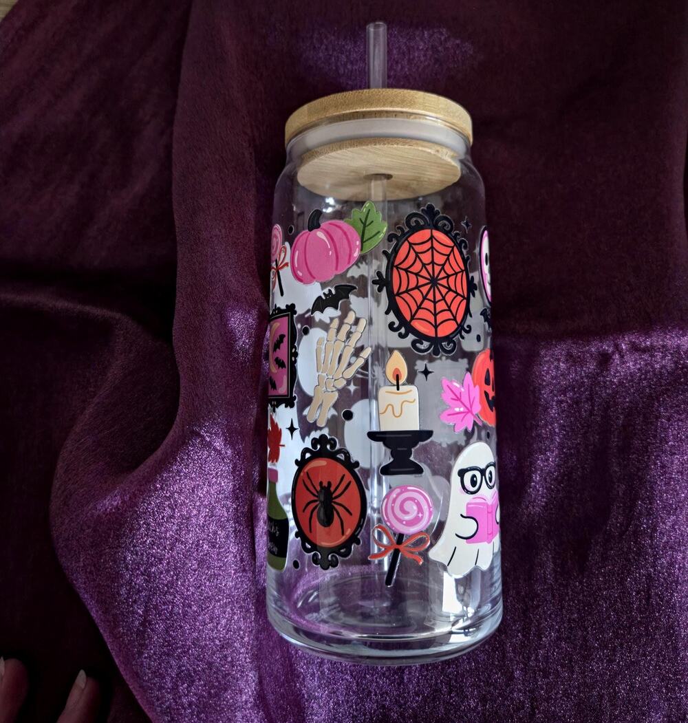 Gothic Spooky Reading Ghost Can Glass Cup Bamboo Lid Whimsical Autumnal